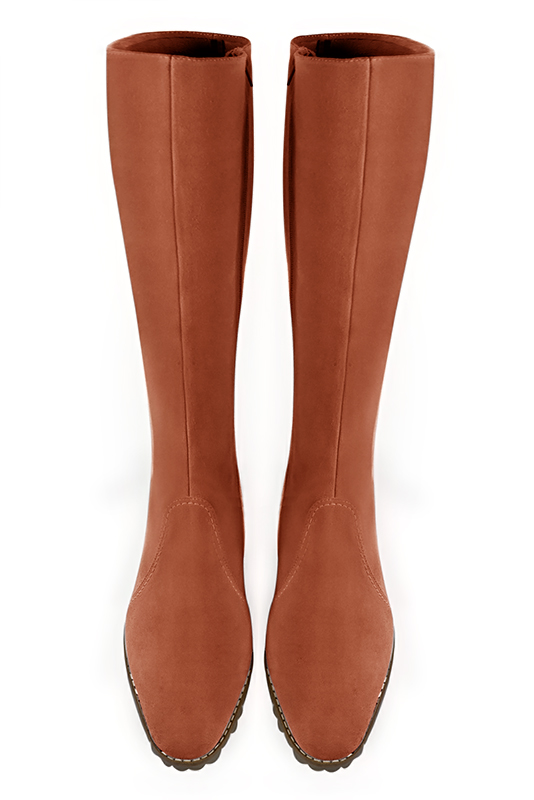 Terracotta orange women's riding knee-high boots. Round toe. Medium block heels. Made to measure. Top view - Florence KOOIJMAN